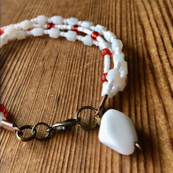 Red and White, Triple Strand Ladies Beaded Bracelet, Handmade Ladies Bracelet - Picture 6 of 7